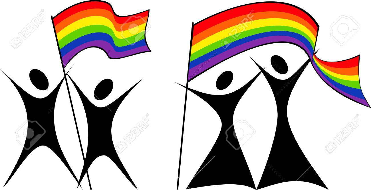13834380 Silhouettes Of Gay And Lesbian Couples With Rainbow Flag Stock