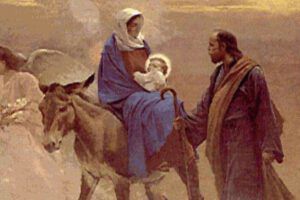 Maria con Gesù Bambino in groppa all'asinello e accanto Giuseppe