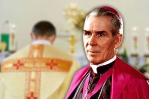 Fulton Sheen prete celebrante sullo sfondo